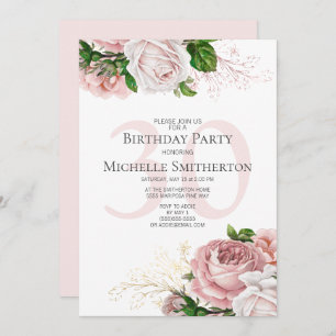 Blush Pink Floral Rose Weiß 30. Geburtstag Einladung