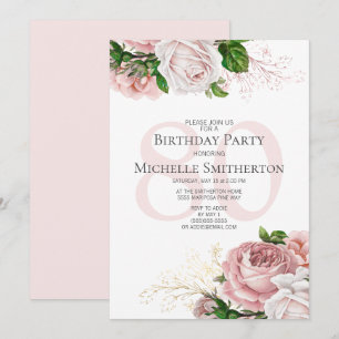 Blush Pink Floral Rose Weiß 80. Geburtstag Einladung