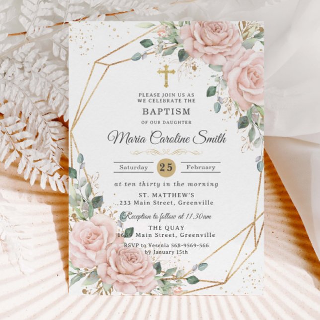 Blush Pink Floral Roses Gold Cross Baptism  Einladung (Von Creator hochgeladen)