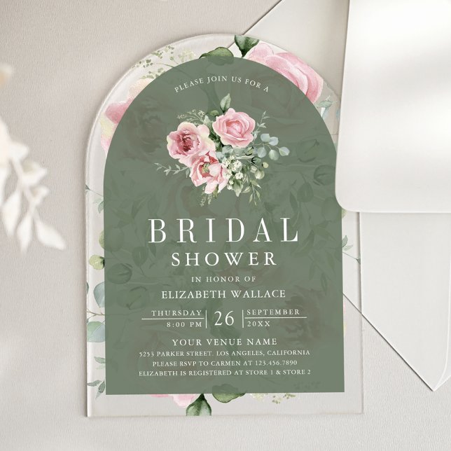 Blush Pink Floral Sage Green Bridal Shower Acryleinladungen (Von Creator hochgeladen)