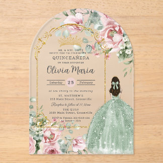 Blush Pink Floral Sage Green Quinceañera Sweet 16 Acryleinladungen
