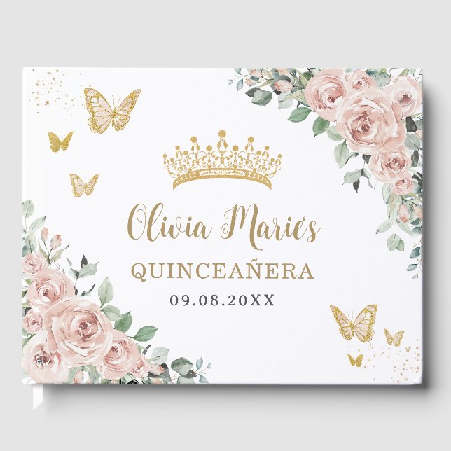 Blush Pink Floral Schmetterlinge Gold Quinceañera Gästebuch (Vorderseite)