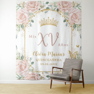 Blush Pink Floral Schmetterlinge Gold Quinceañera Wandteppich