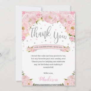 Blush Pink Floral Silver Geburtstag Babydusche Dankeskarte