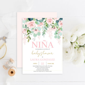 Blush Pink Floral Spanish Baby Shower Girl Einladung