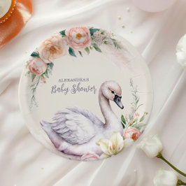 Blush Pink Floral Swan Princess Baby Dusche Pappteller