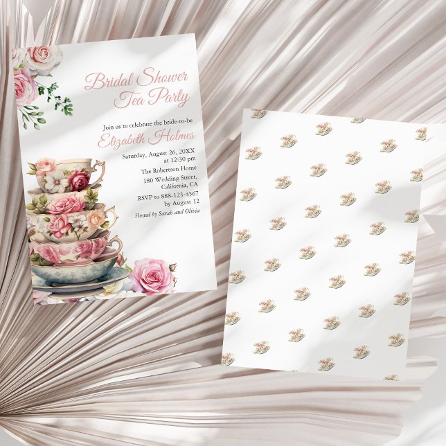 Blush Pink Floral Teacup Brautparty Teezeremonie Einladung (Blush Pink Floral Teacup Bridal Shower Tea Brunch Invitation on a sunny white dry palm leaf.)