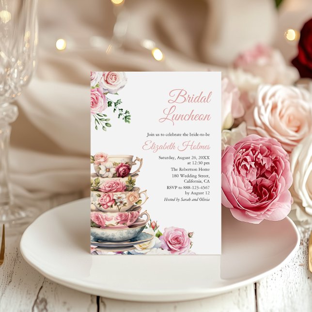 Blush Pink Floral Teacup Bridal Luncheon Einladung (Blush Pink Floral Teacup Bridal Luncheon Invitation on a boho table with pink and white peonies)