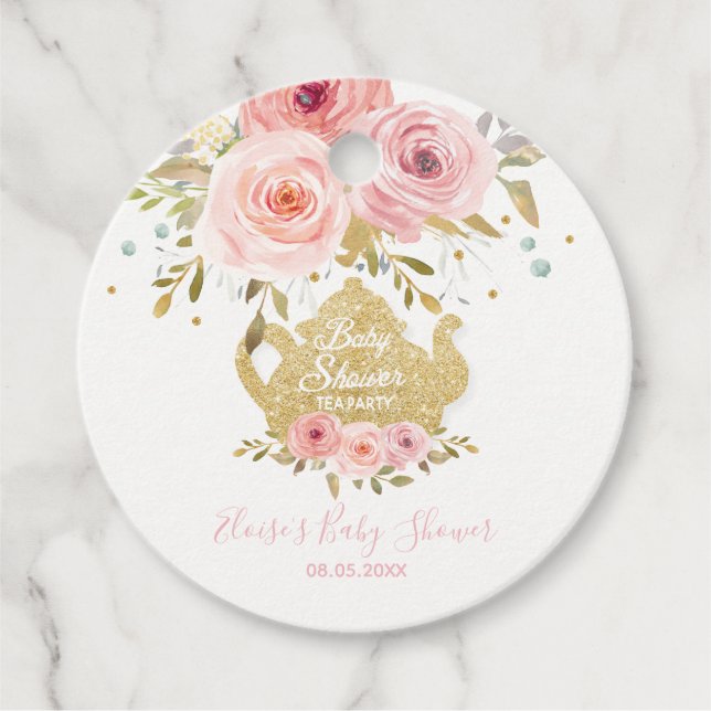 Blush Pink Floral Tee Party Babydusche Danke Geschenkanhänger (Vorderseite)