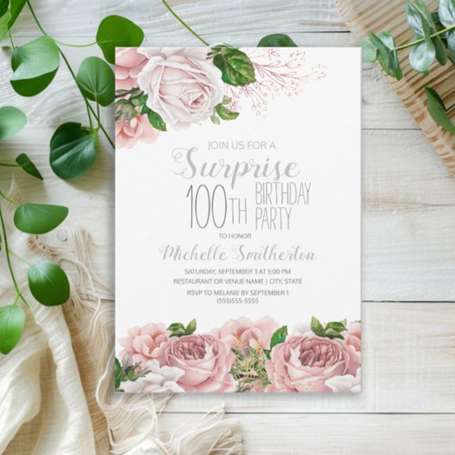 Blush Pink Floral Überraschung 100. Geburtstag Einladung (Blush pink vintage floral surprise 100th birthday party invitation)