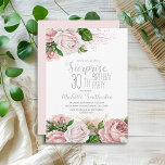 Blush Pink Floral Überraschung 30. Geburtstag Einladung<br><div class="desc">Elegante moderne botanische rot-rosa Aquarellblüte (Rose) und Grün auf weißem Garten-Thema Überraschung 30. Geburtstag Party Einladung. Text,  Schriftart,  Schriftart und Farbe sind vollständig anpassbar,  sodass diese Karte auf Ihren Anzug angepasst werden kann.</div>