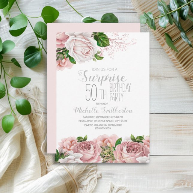 Blush Pink Floral Überraschung 50. Geburtstag Einladung (Blush pink vintage floral surprise 50th birthday party invitation)