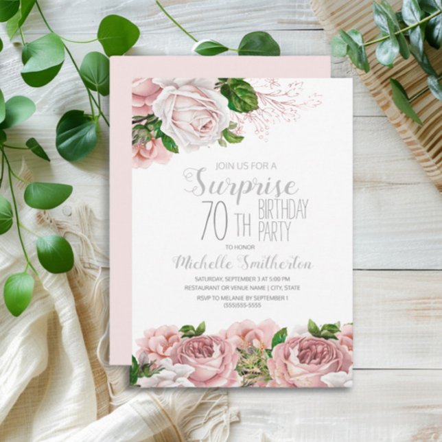 Blush Pink Floral Überraschung 70. Geburtstag Einladung (Blush pink vintage floral surprise 70th birthday party invitation)