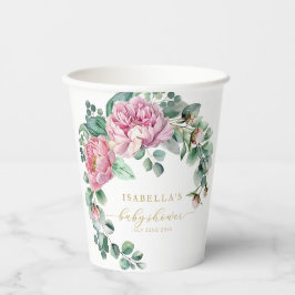 Blush Pink Floral und Gold Greenery Baby Shower Pa Pappbecher