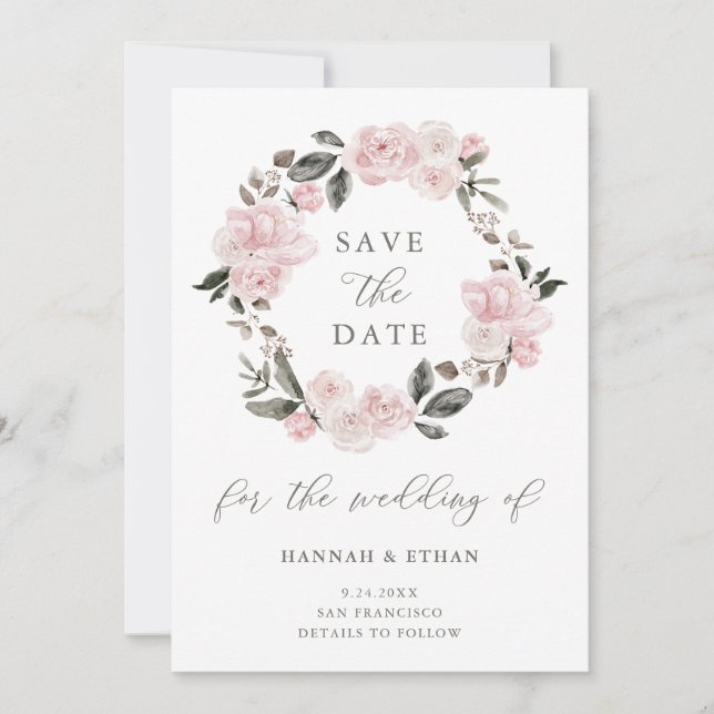 Blush Pink Floral und Kalligrafie | Wasserfarbe Save The Date (Vorderseite)