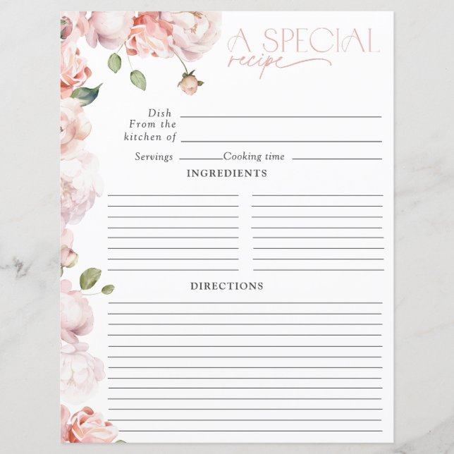 Blush Pink Floral Wasserfarbe Brautparty Rezept (Vorderseite)