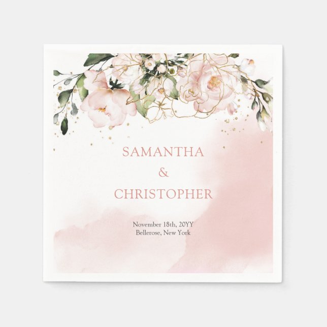 Blush Pink Floral Wasserfarbe Rose Hochzeit Napkin Serviette (Vorderseite)