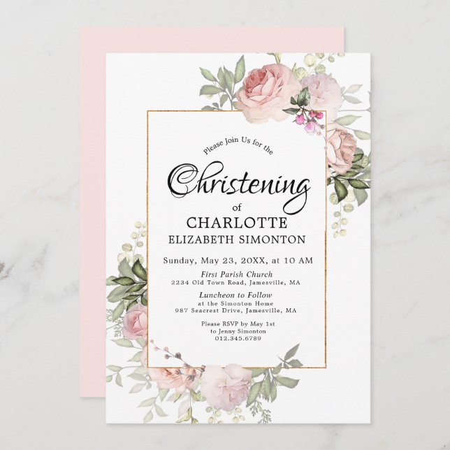 Blush Pink Floral Watercolor Christine Einladung (Vorne/Hinten)