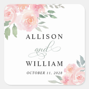 Blush Pink Floral Watercolor Hochzeit Quadratischer Aufkleber