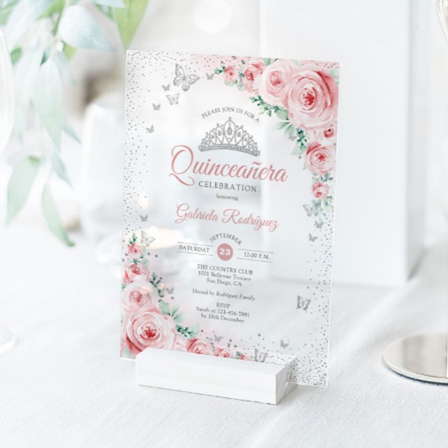 Blush Pink Floral Watercolor Roses Quinceanera Acryleinladungen (Von Creator hochgeladen)