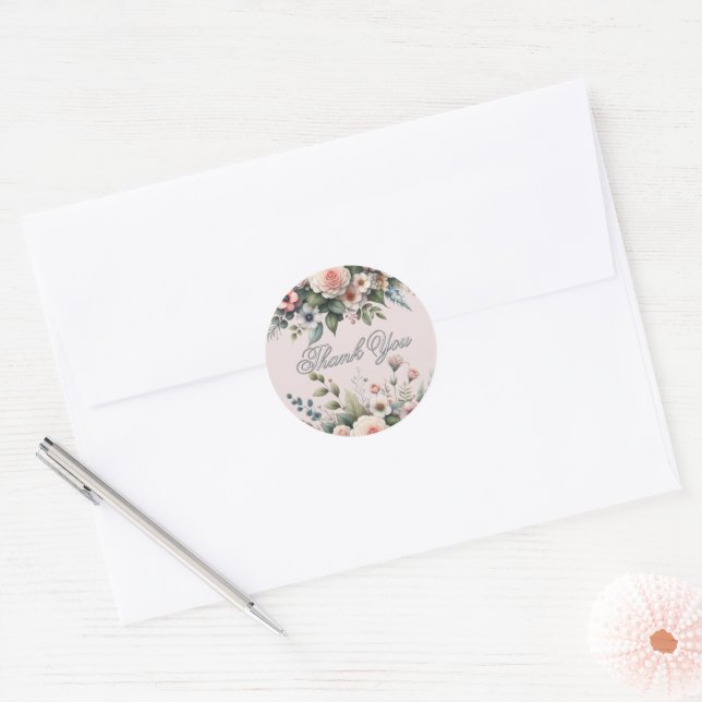 Blush Pink Floral Watercolor Vielen Dank Runder Aufkleber (Umschlag)