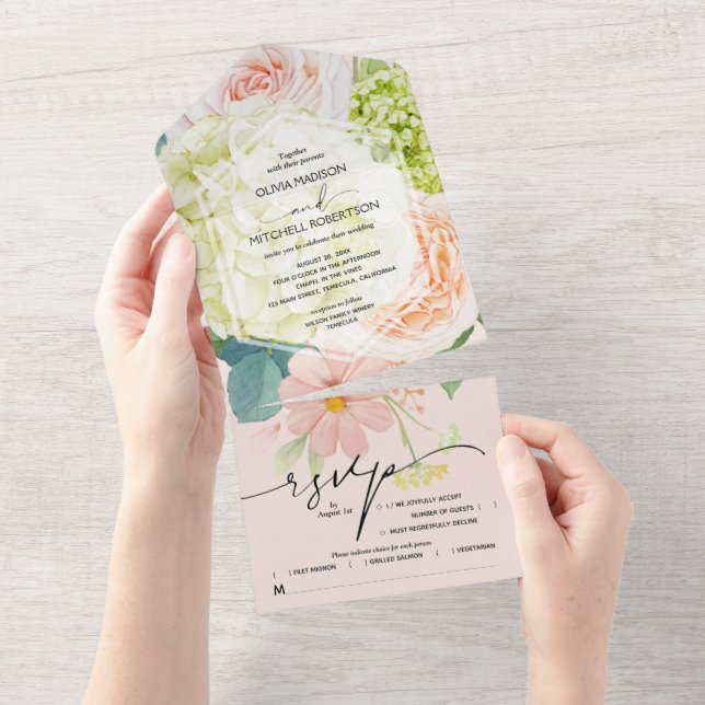 Blush Pink Floral Wedding All In One Einladung (Abreißen)
