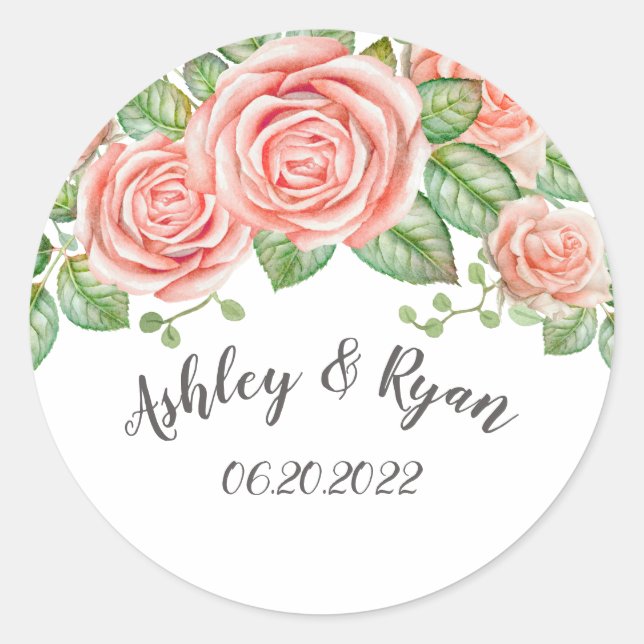 Blush Pink Floral Wedding Classic Round Sticker (Vorderseite)