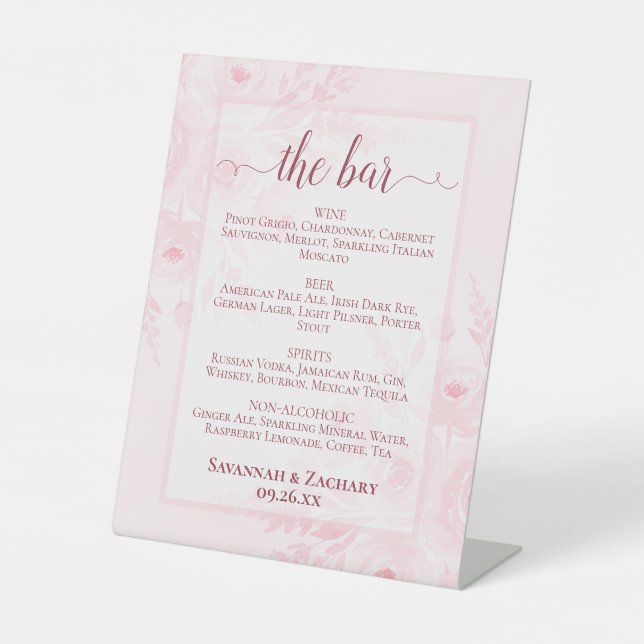 Blush Pink Floral Wedding Drinks or Bar Menu Sockelschild (Vorderseite)