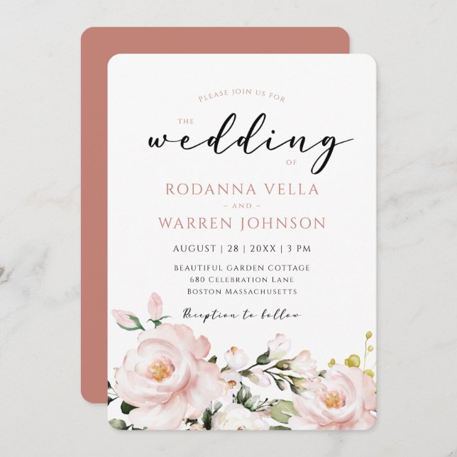 Blush Pink Floral Wedding Einladung (Vorne/Hinten)