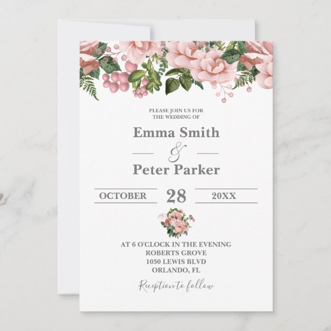 Blush Pink Floral Wedding Einladung (Vorderseite)