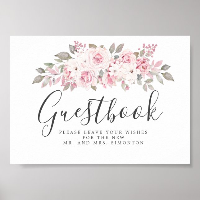Blush Pink Floral Wedding Gästebuchunterschrift Poster (Vorne)