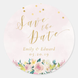 Blush Pink Floral Wedding Save the Date Runder Aufkleber