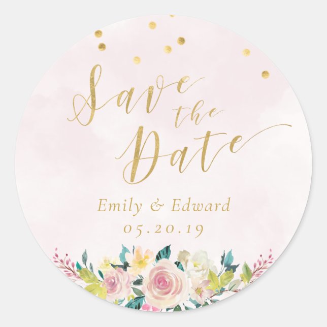 Blush Pink Floral Wedding Save the Date Runder Aufkleber (Vorderseite)