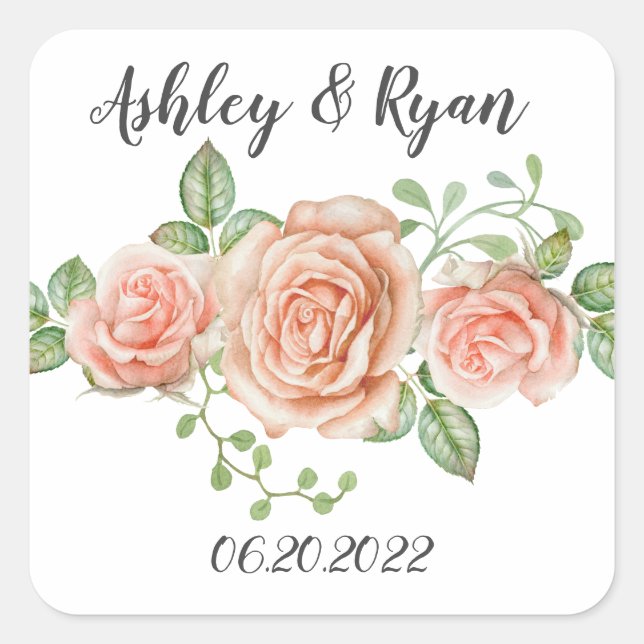 Blush Pink Floral Wedding Square Sticker (Vorderseite)