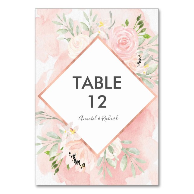 Blush Pink Floral Wedding Tischkarten Tischnummer (Vorderseite)