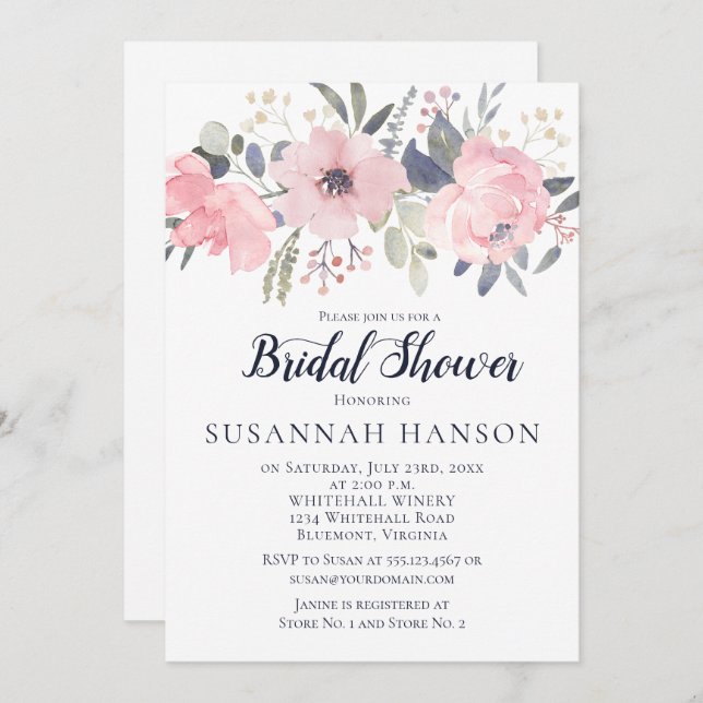 Blush Pink Floral White Brautparty Einladung (Vorne/Hinten)