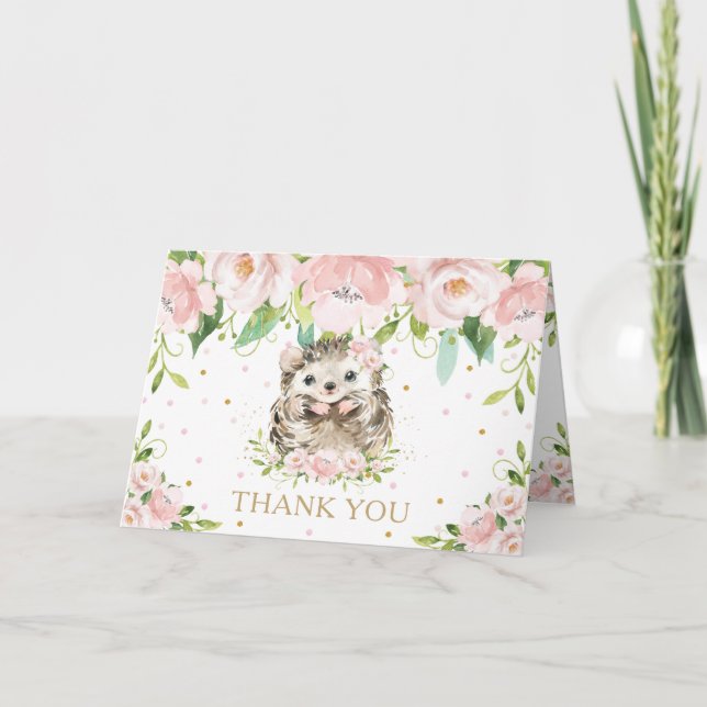Blush Pink Floral Woodland Igel Babydusche Dankeskarte (Vorderseite)