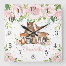 Blush Pink Floral Woodland Tiere Girl Kinderzimmer Quadratische Wanduhr