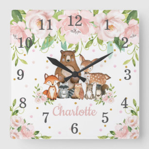 Blush Pink Floral Woodland Tiere Girl Kinderzimmer Quadratische Wanduhr