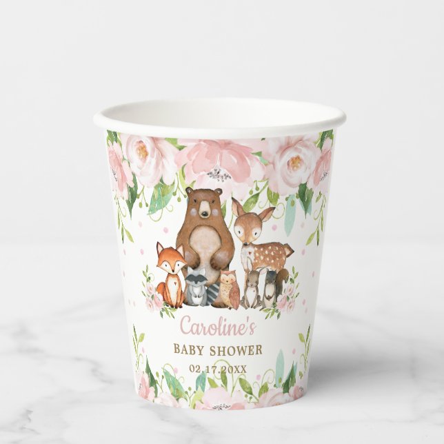 Blush Pink Floral Woodland Tiere Kinderdusche Pappbecher (Vorderseite)