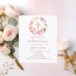 Blush pink florals bow First Communion invitation