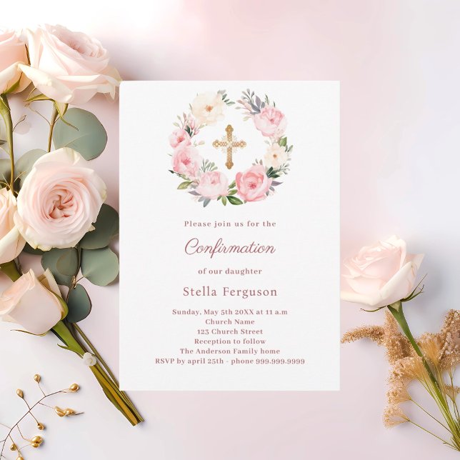 Blush pink florals cross Confirmation Einladung (Von Creator hochgeladen)