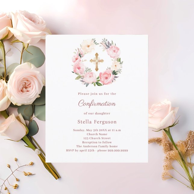 Blush pink florals cross Confirmation invitation (Von Creator hochgeladen)