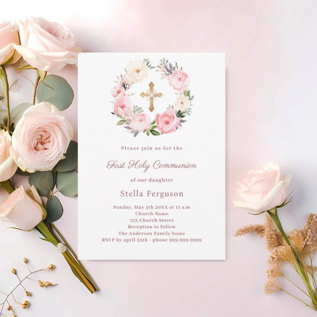 Blush pink florals cross First Communion Einladung (Von Creator hochgeladen)