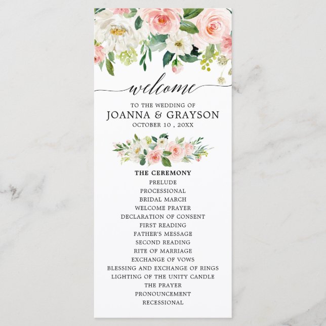 Blush Pink Florals Moderne botanische Hochzeit Programm (Vorderseite)