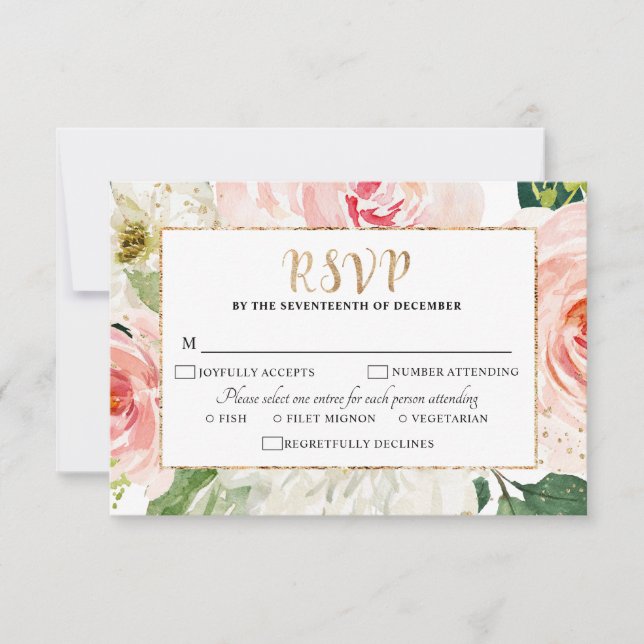 Blush Pink Florals Moderne botanische Hochzeit RSVP Karte (Vorderseite)