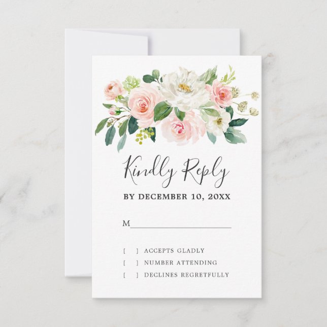 Blush Pink Florals Moderne botanische Hochzeit RSVP Karte (Vorderseite)