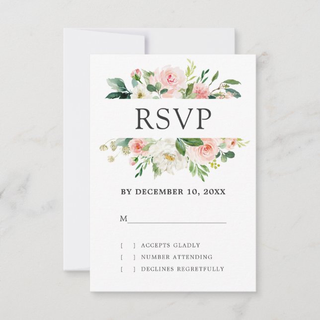 Blush Pink Florals Moderne botanische Hochzeit RSVP Karte (Vorderseite)