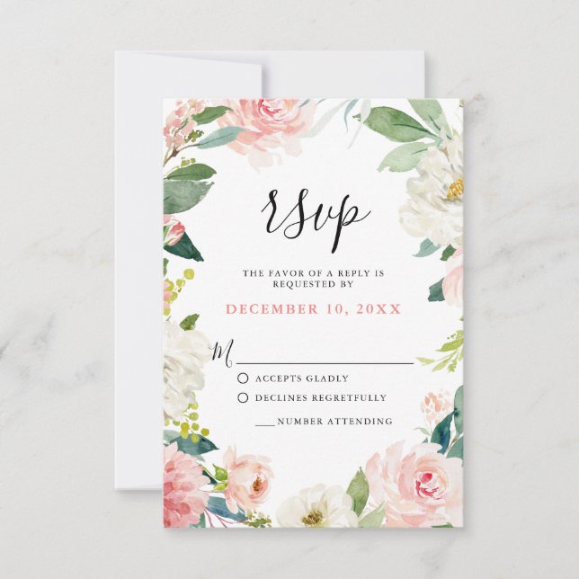 Blush Pink Florals Moderne botanische Hochzeit RSVP Karte (Vorderseite)