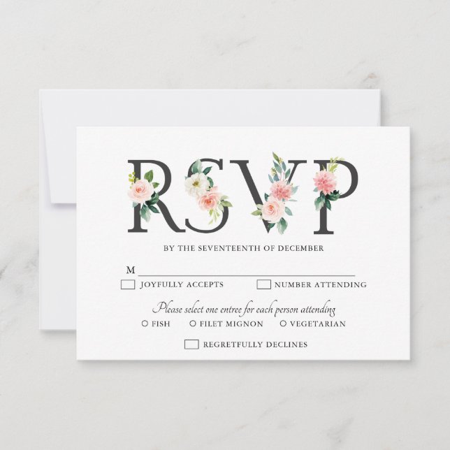 Blush Pink Florals Moderne botanische Hochzeit RSVP Karte (Vorderseite)